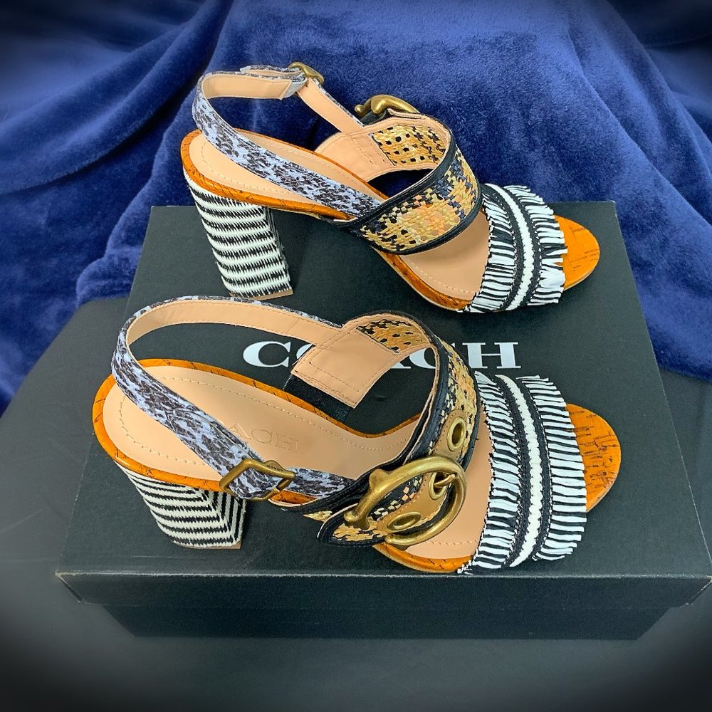 Coach Robin Raffia Black and White Heel Sandal 9.5